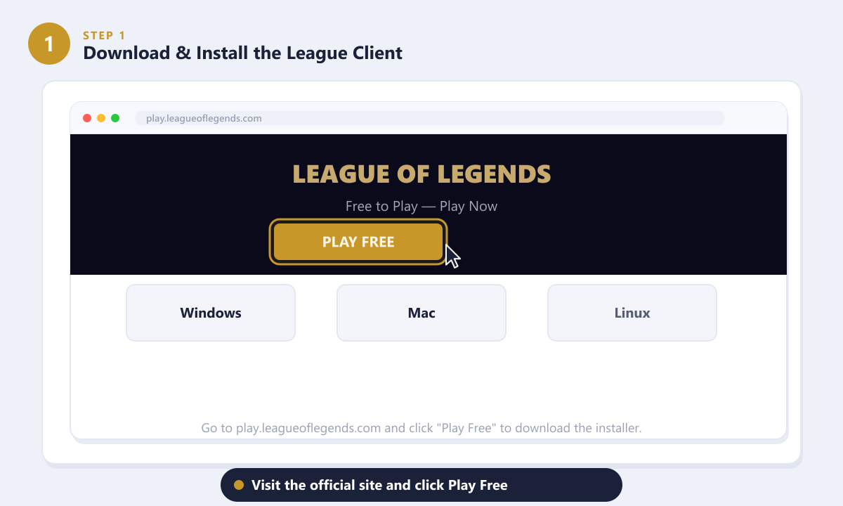 Downloading the League of Legends client from the official website by clicking Play Free
