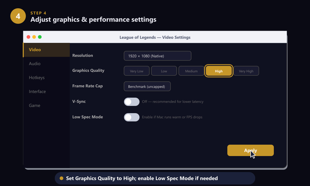 Adjusting League of Legends video settings on Mac for best performance