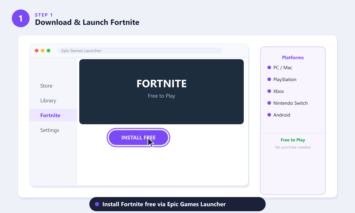 Epic Games Launcher showing the Fortnite install button for free download