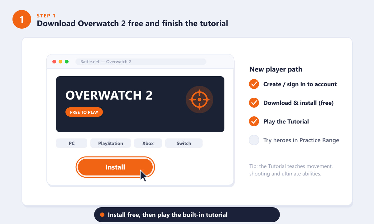 Downloading Overwatch 2 for free and following the new player tutorial path
