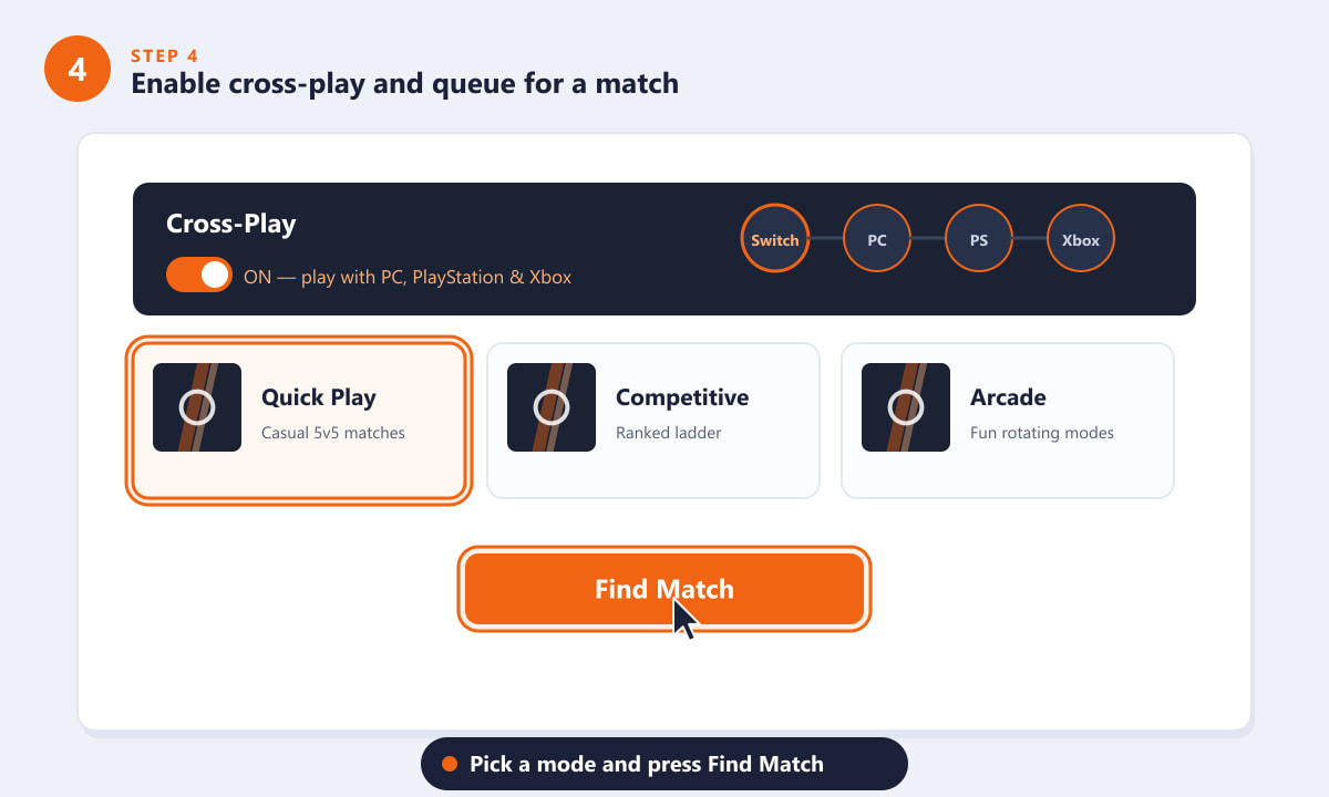 قم بتفعيل خاصية اللعب المشترك واختر وضع اللعب السريع للعثور على مباراة في لعبة Overwatch 2 على جهاز Switch