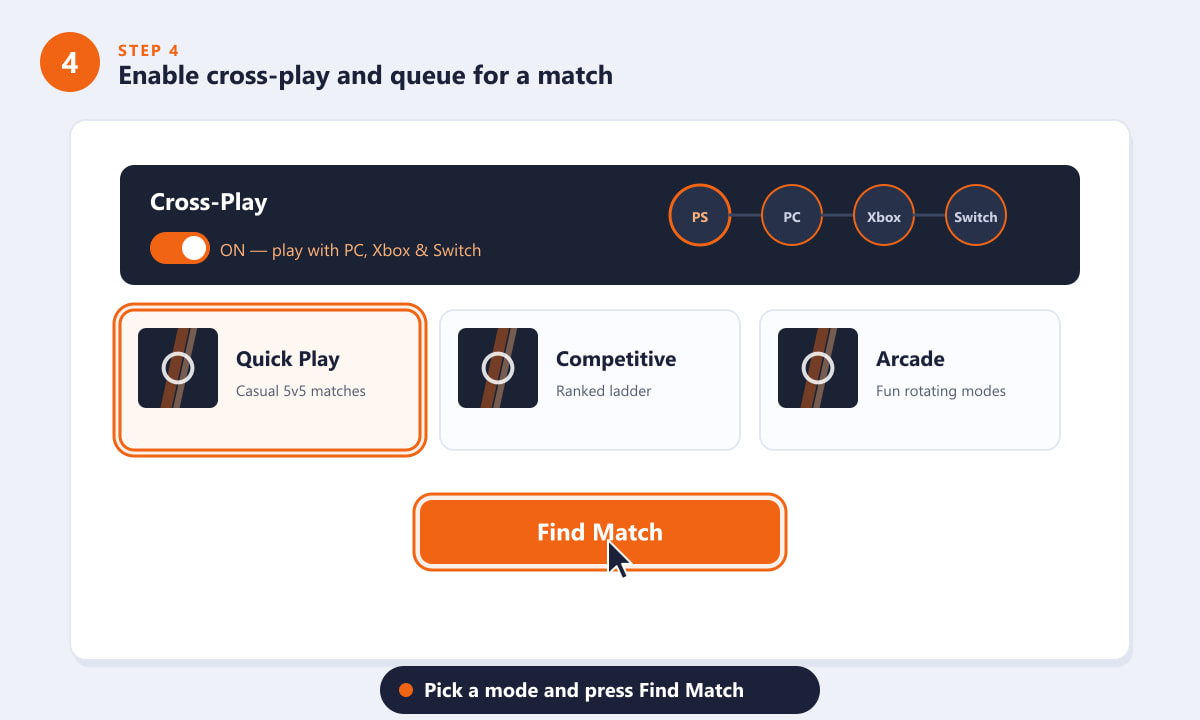Enabling cross-play and selecting Quick Play to find an Overwatch 2 match on PlayStation