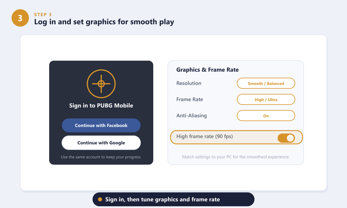 Logging in to PUBG Mobile on PC and adjusting graphics and frame rate settings