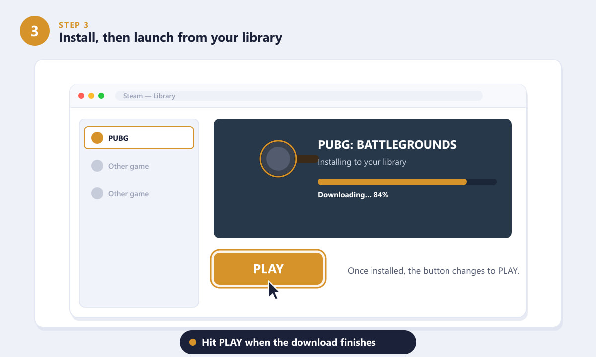 Installing PUBG in the Steam library and pressing the PLAY button on a laptop