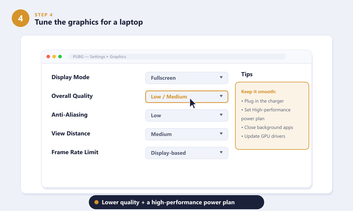 Tuning PUBG graphics settings for a laptop with low quality and a high-performance power plan