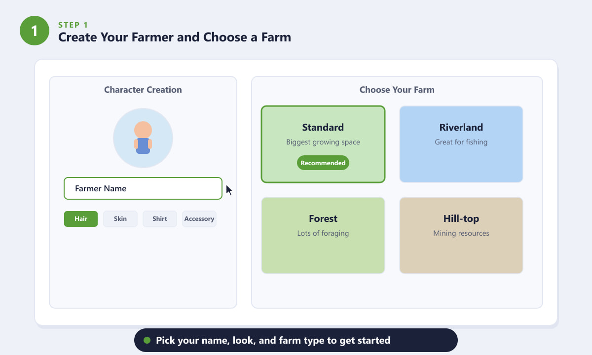 Stardew Valley character creation screen showing farmer customization and farm type choices