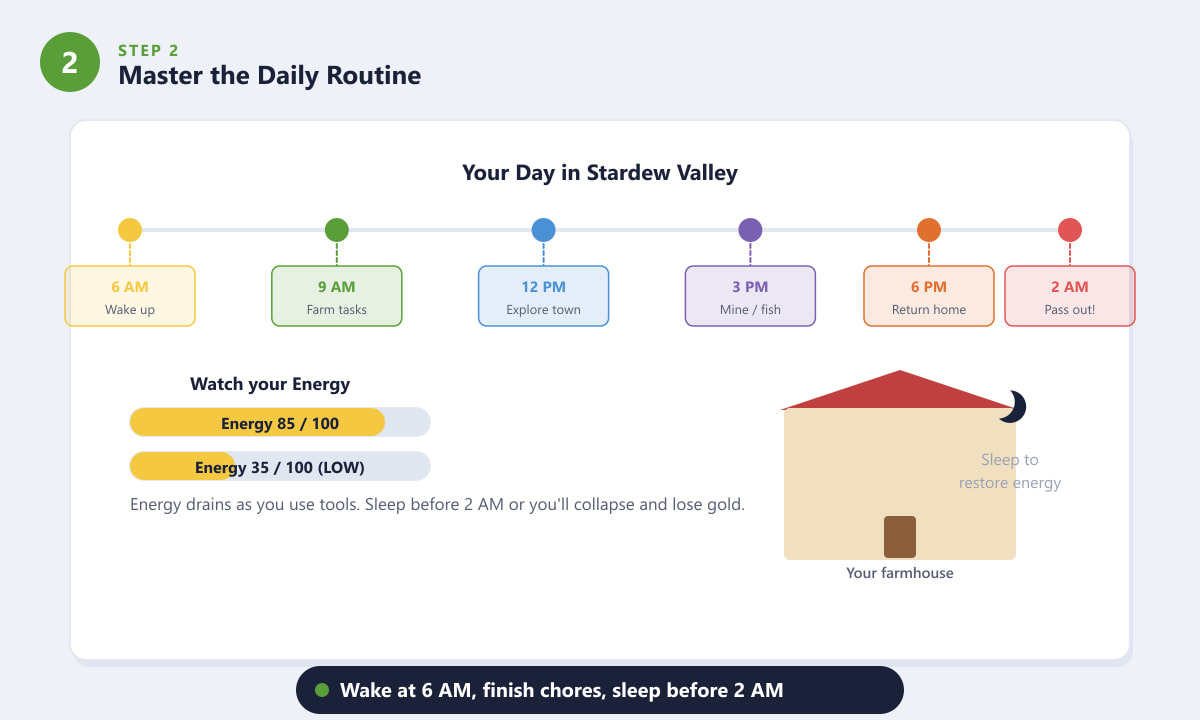 Stardew Valley daily routine timeline showing 6 AM to 2 AM schedule and energy bars