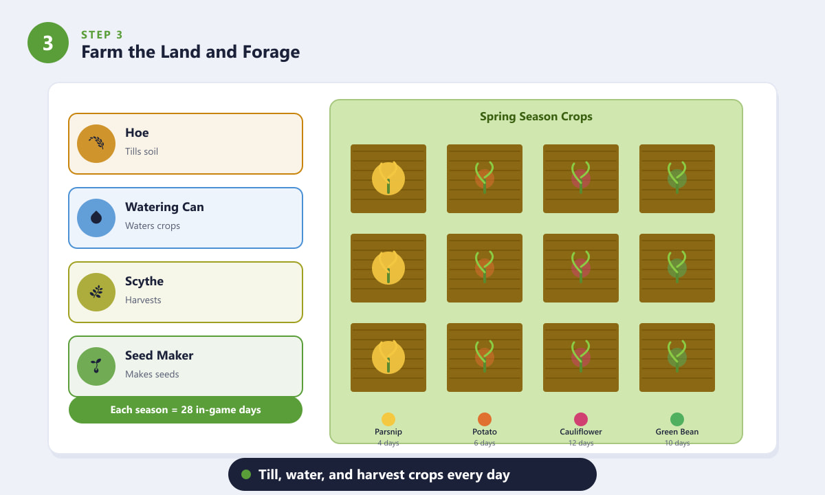 Stardew Valley farming tools and spring season crop grid showing Parsnip, Potato, Cauliflower, and Green Bean