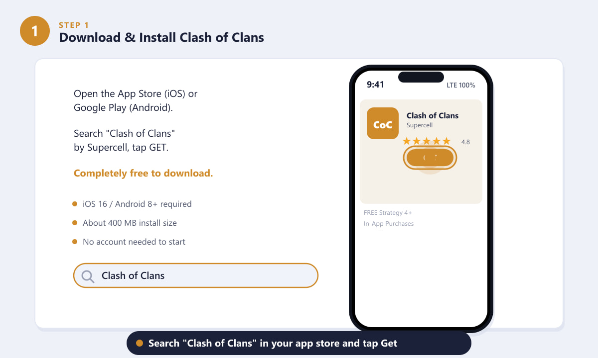 Procure por Clash of Clans na App Store ou no Google Play para baixar e instalar.