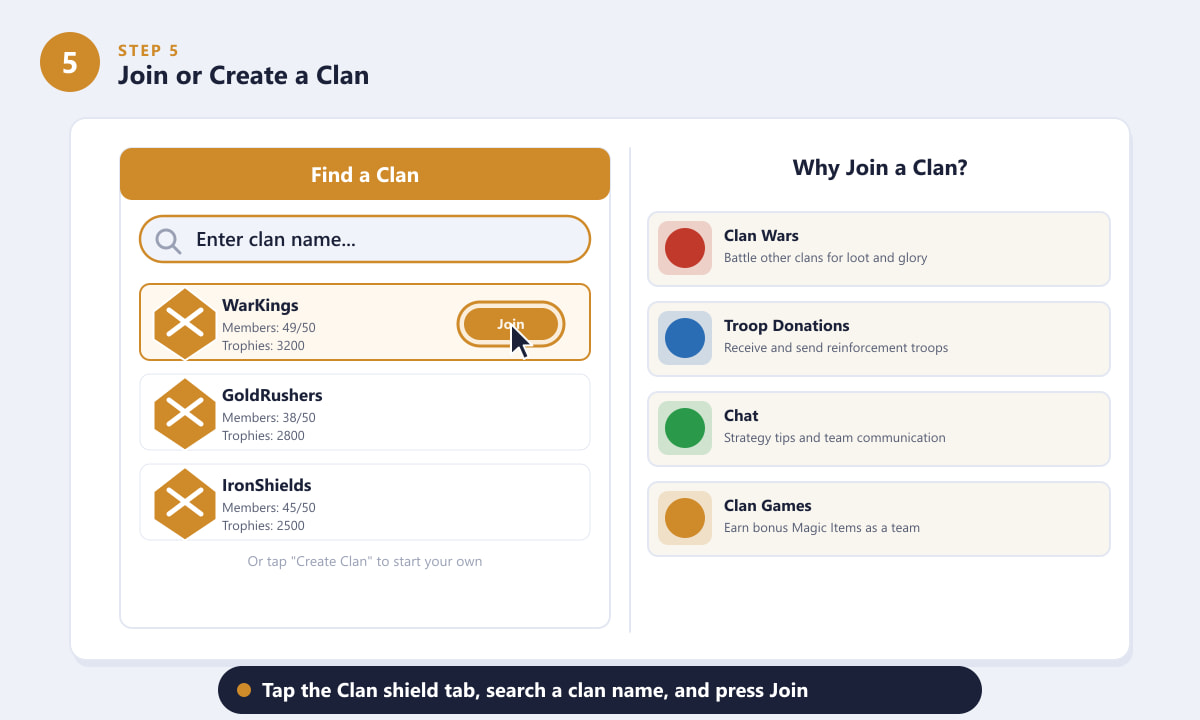 Procure e junte-se a um clã do Clash of Clans para desbloquear as Guerras de Clãs e doações de tropas.