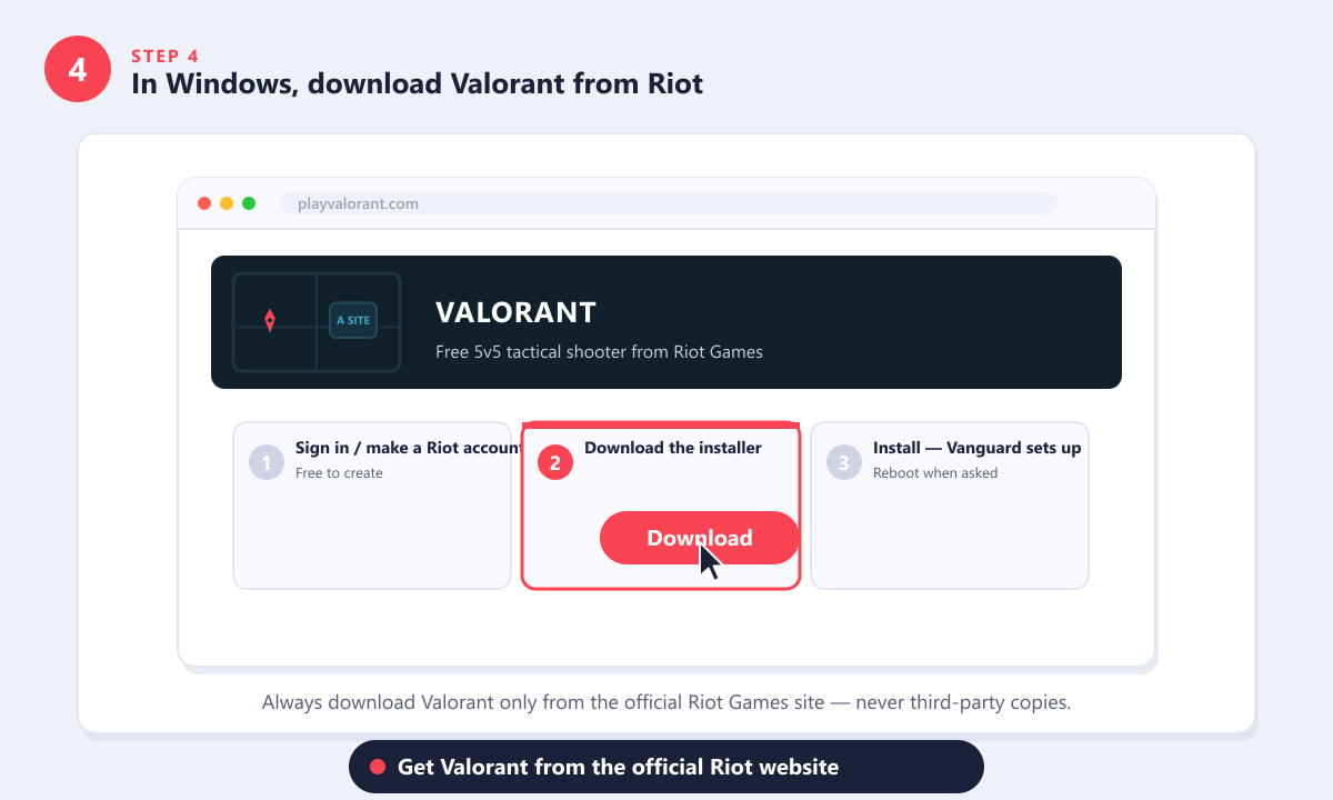 La pagina di download di Valorant su playvalorant.com all'interno di una finestra del browser che mostra il pulsante Download evidenziato