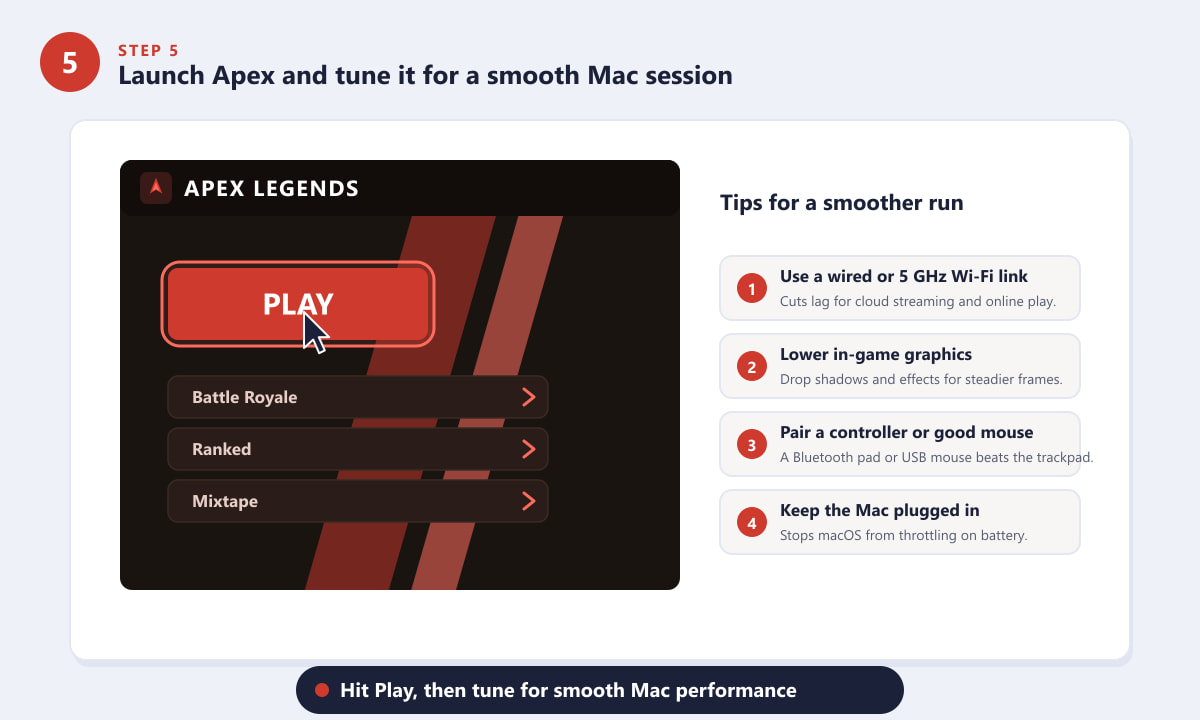 Cómo iniciar Apex Legends y ajustar la configuración para una experiencia de juego fluida en un MacBook.