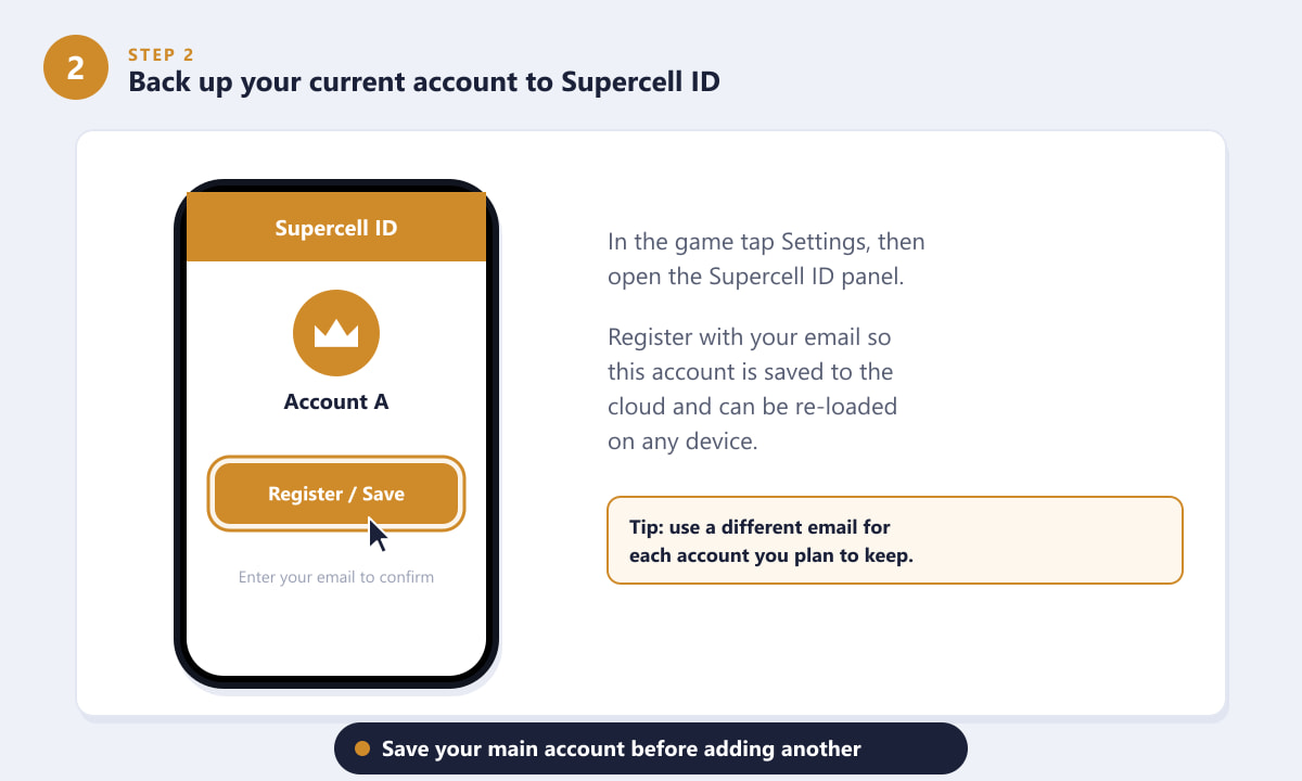 Pantalla de configuración de Clash Royale que muestra el botón "Registrar y guardar ID de Supercell" resaltado.