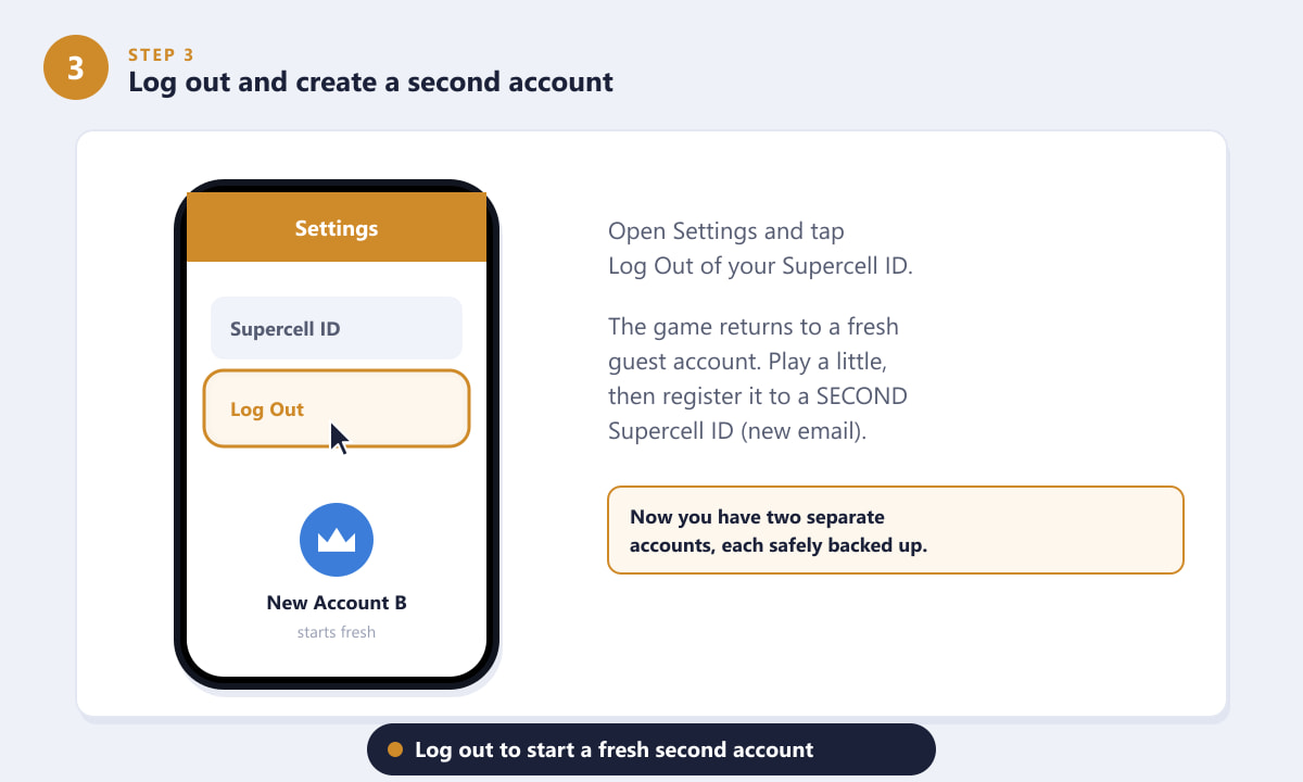 Pantalla de configuración de Clash Royale con el botón Cerrar sesión resaltado, mostrando una nueva Cuenta B que aparece a continuación.