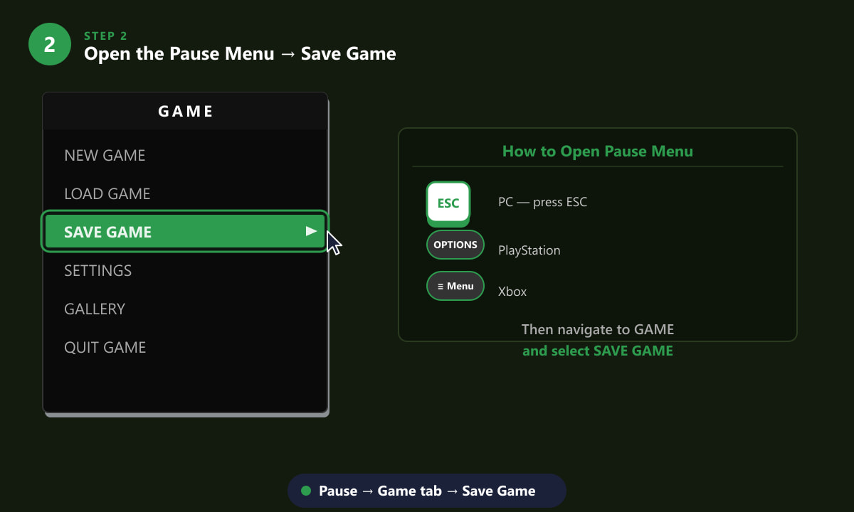 Opening the GTA 5 pause menu and selecting Save Game in the Game tab