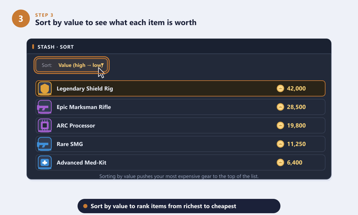 Sorting the ARC Raiders stash by value to rank items from most to least valuable