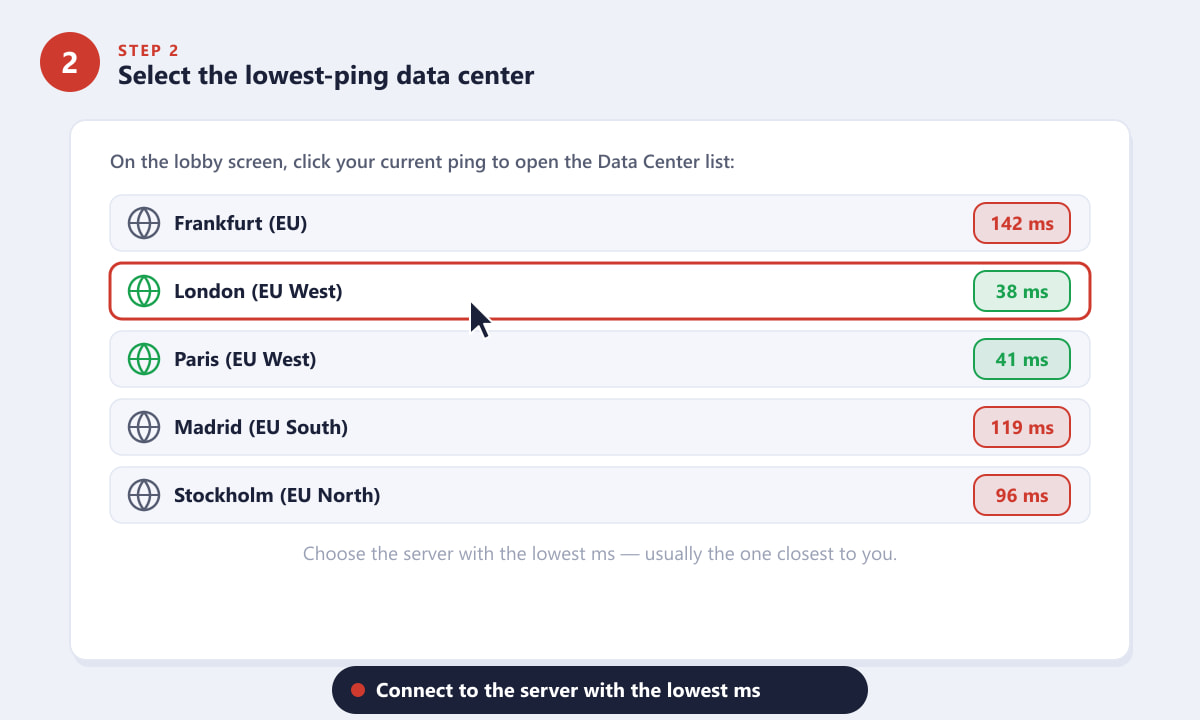Selecting the lowest-ping data center in the Apex Legends server list