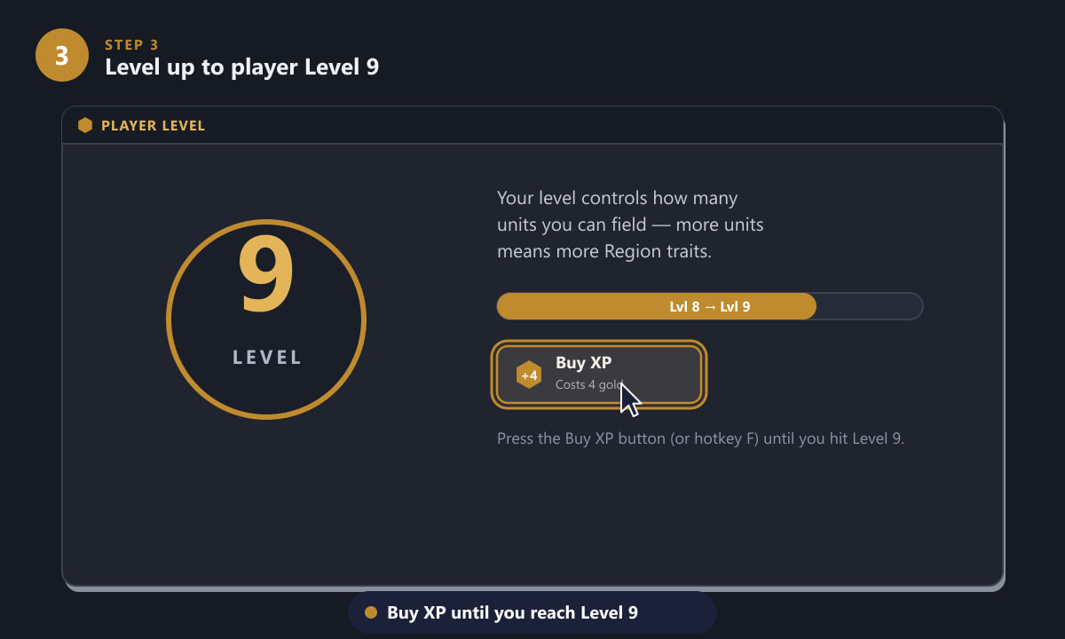 Buying XP in TFT to reach player Level 9 to unlock Ryze