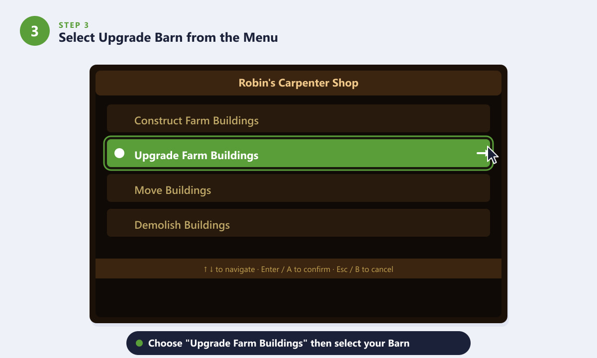 Robin's Carpenter Shop menu in Stardew Valley with Upgrade Farm Buildings selected