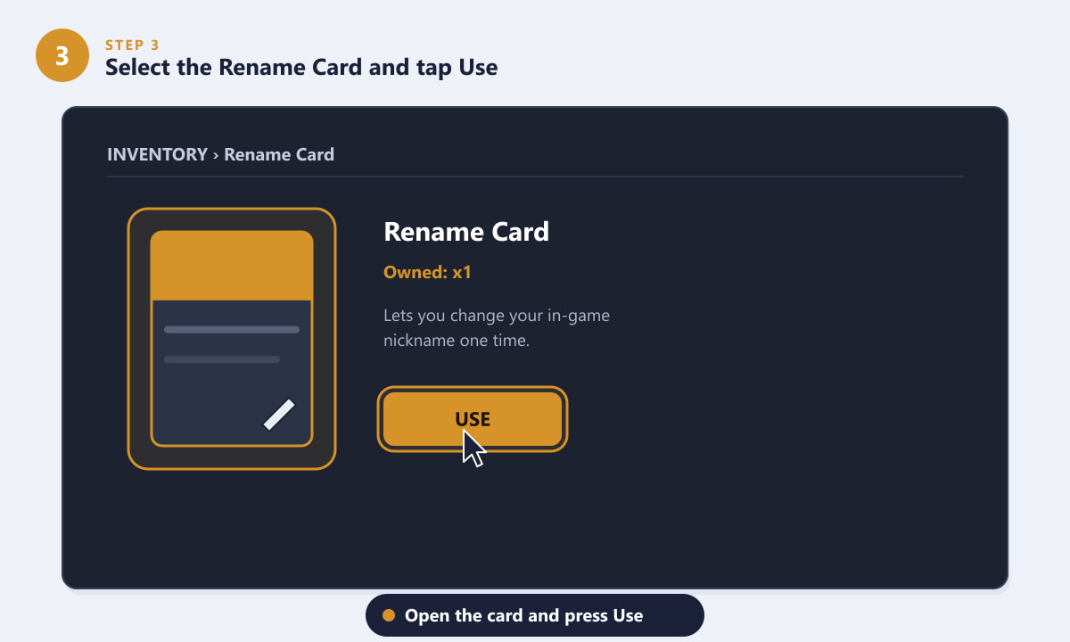 Selecting the Rename Card and pressing Use in PUBG Mobile