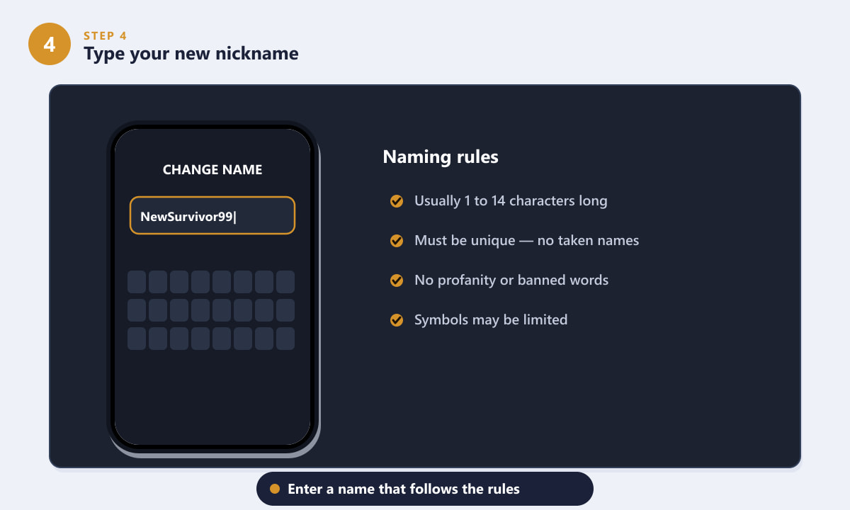 Typing a new nickname following PUBG Mobile naming rules