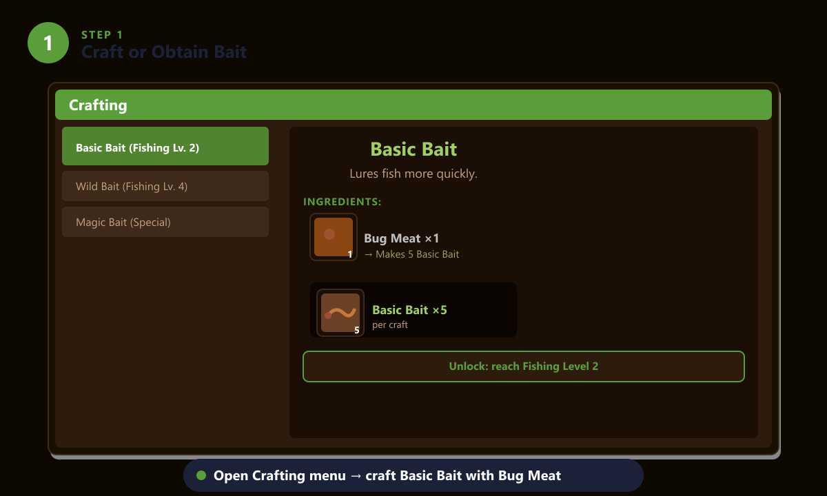 Membuat Umpan Asas di Stardew Valley menggunakan Bug Meat dalam menu Pembuatan