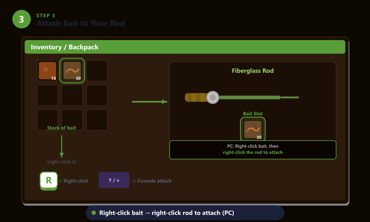 Memasang umpan pada Joran Gentian Kaca dalam skrin inventori Stardew Valley
