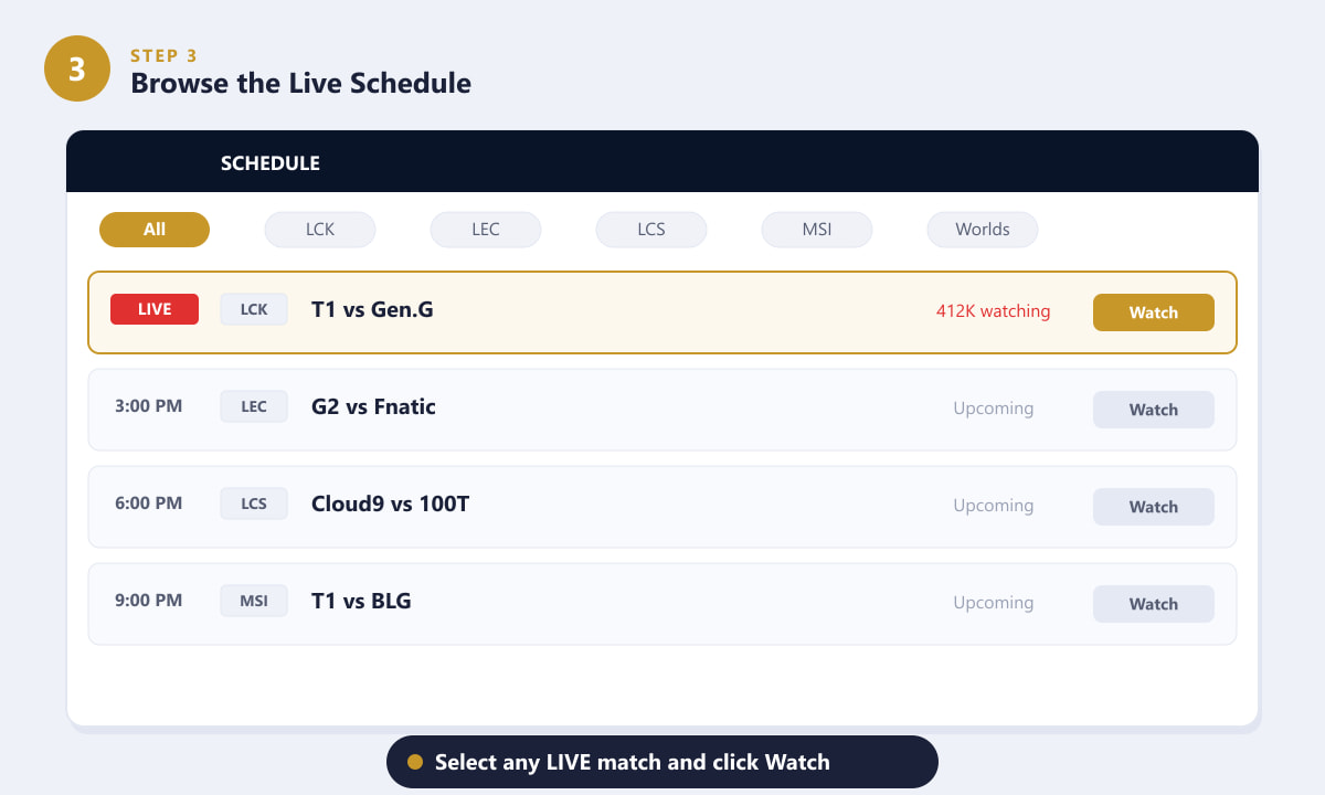 A página de programação do LoL Esports mostra partidas ao vivo e futuras com botões para assistir.