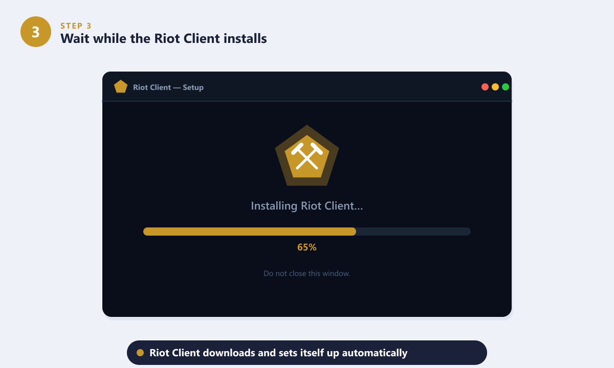 Riot Client setup window showing installation progress at 65 percent