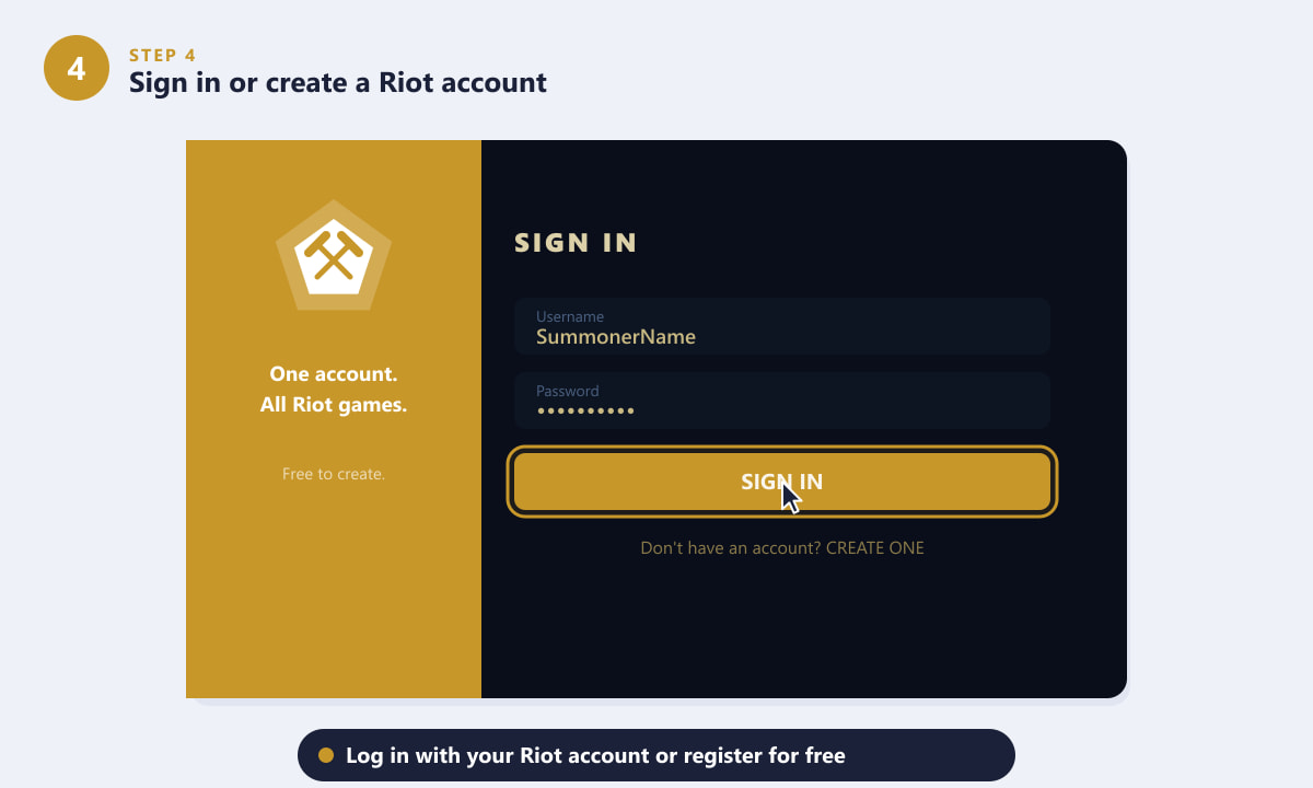 Riot Client sign-in screen with username, password fields and a Create Account link