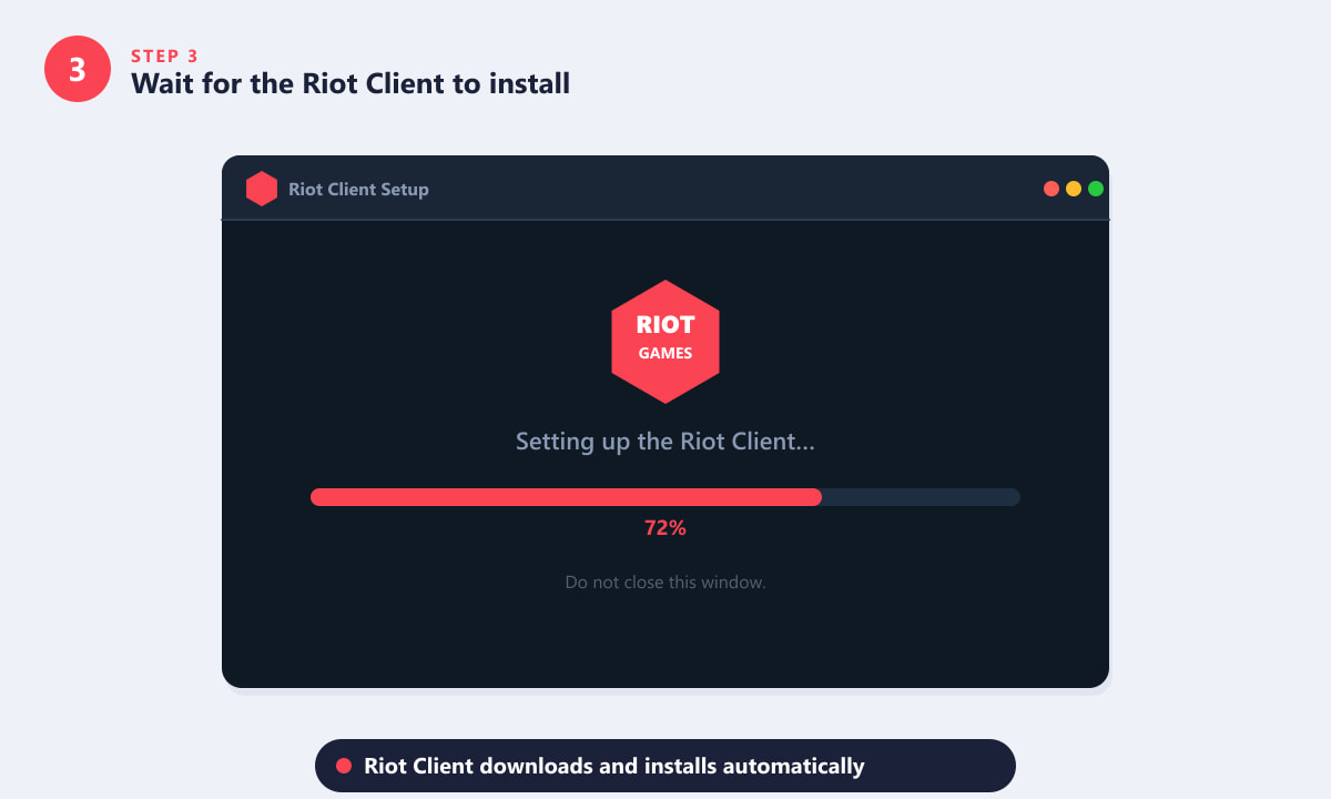 Riot Client Setup window showing installation progress at 72 percent