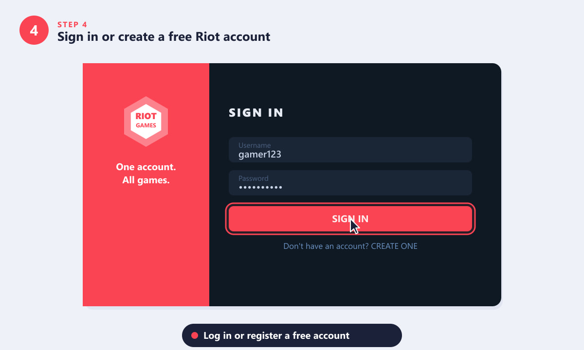 Riot Client sign-in screen showing username and password fields and a Sign In button