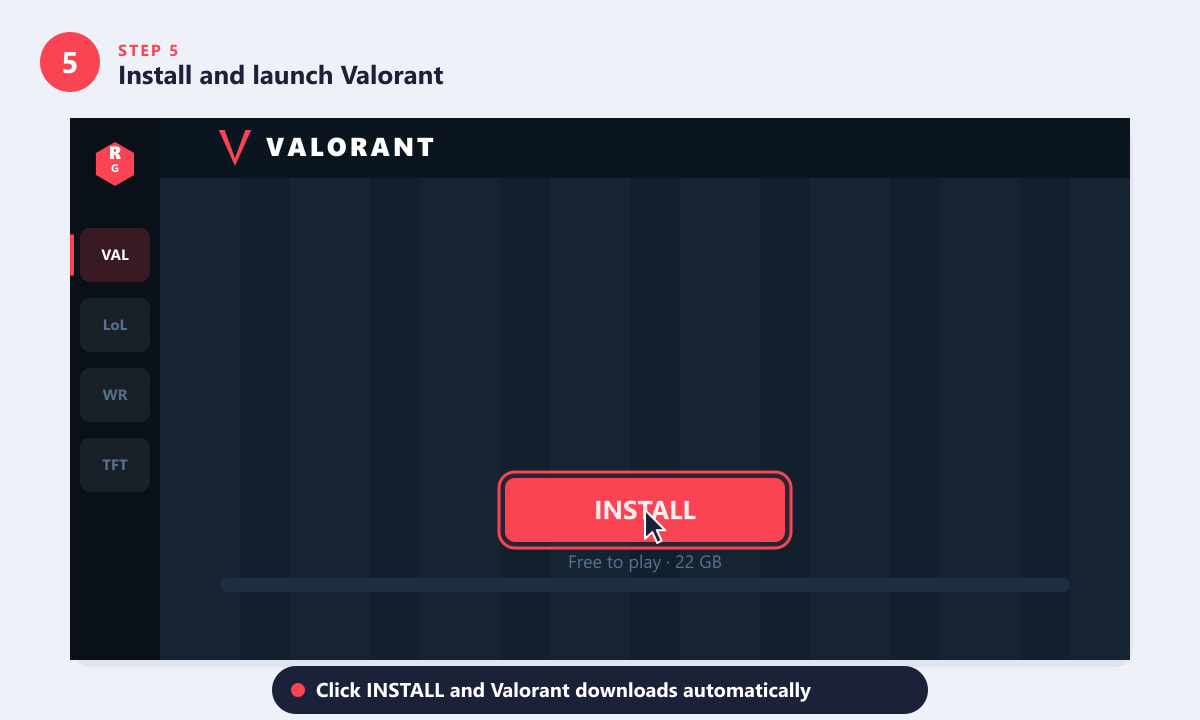 Riot Client showing the Valorant Install button ready to download the game