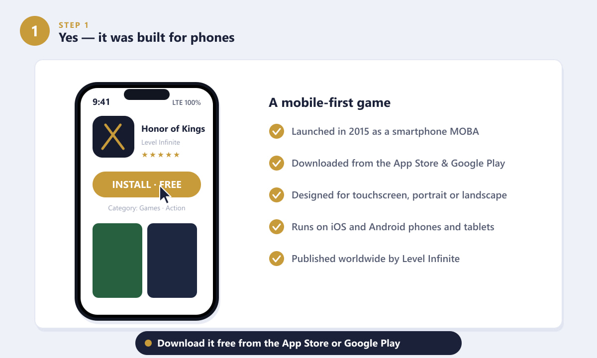 Honor of Kings as a free mobile game on the App Store and Google Play