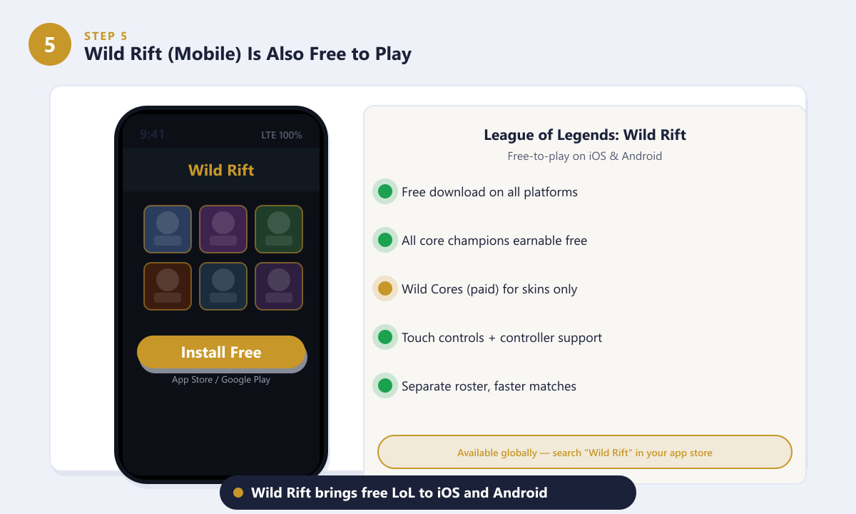 League of Legends Wild Rift mobile app showing the free install button on a smartphone screen