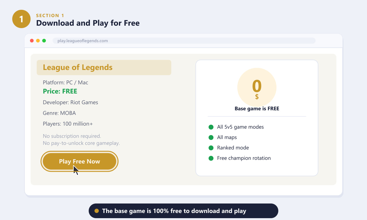 League of Legends download page showing the base game is free