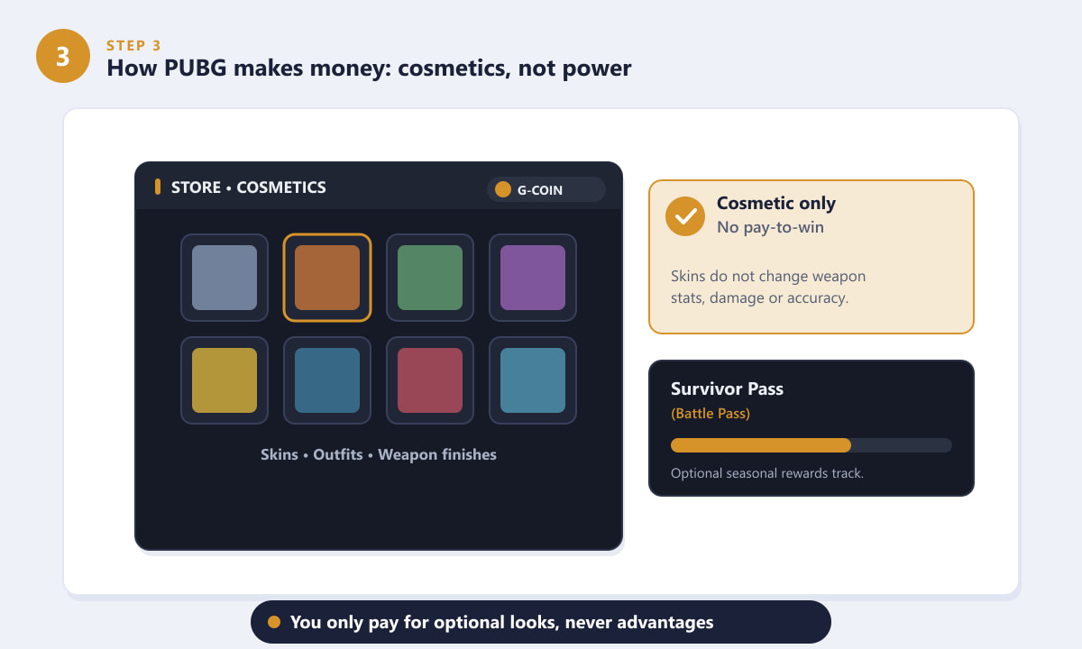 PUBG cosmetic store and Battle Pass showing the game is not pay to win