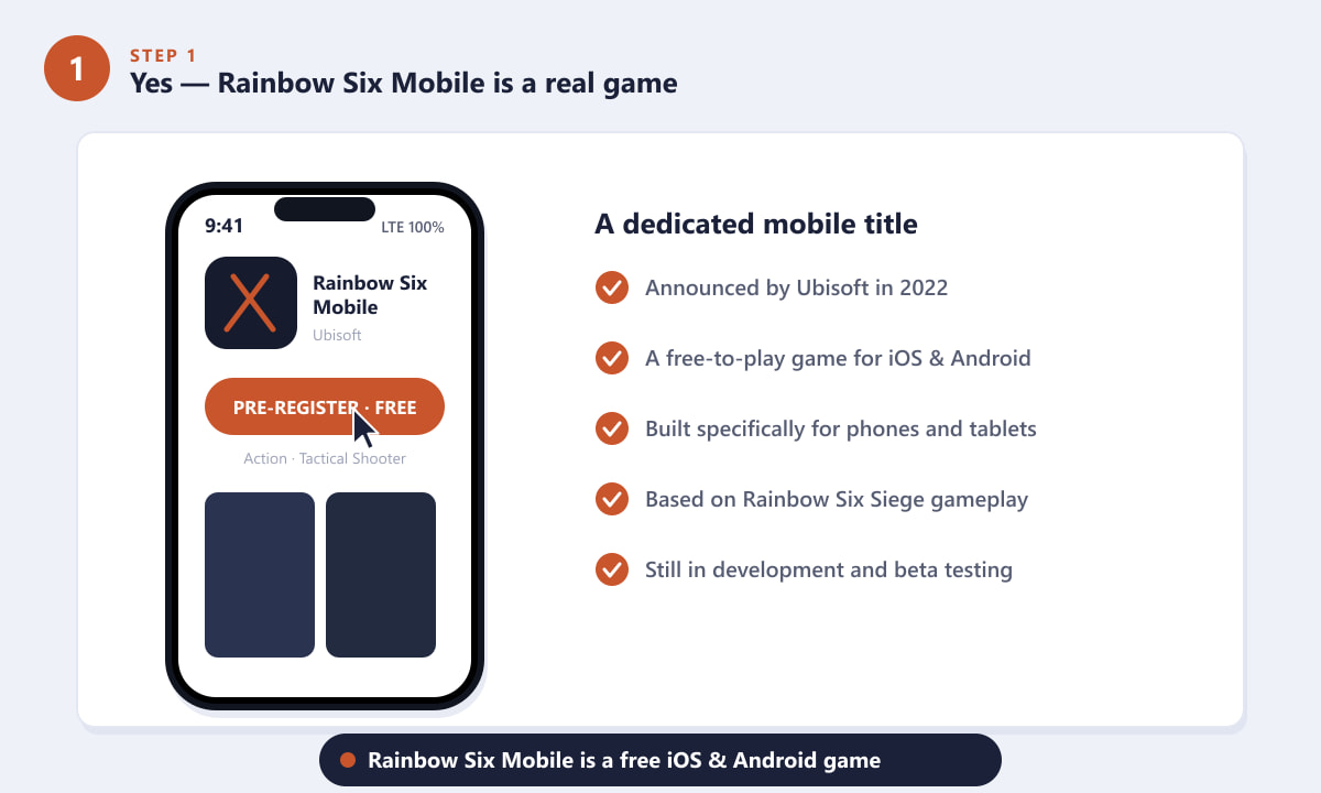 Rainbow Six Mobile store listing showing a free pre-register button on a phone