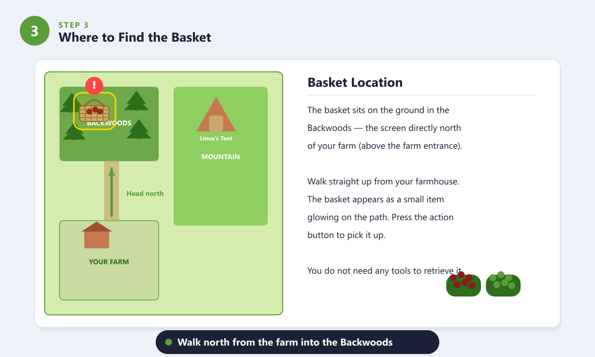 Carte montrant l'emplacement de Backwoods au nord de la ferme dans Stardew Valley, avec le panier de mûres marqué.