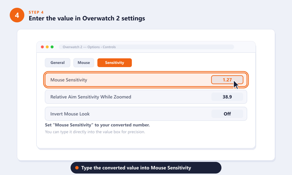 Inserire il valore convertito della sensibilità del mouse nelle opzioni dei controlli di Overwatch 2