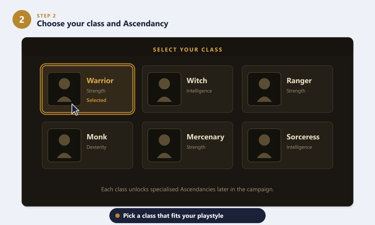 Choosing a class in Path of Exile 2 with Warrior selected on the class selection screen