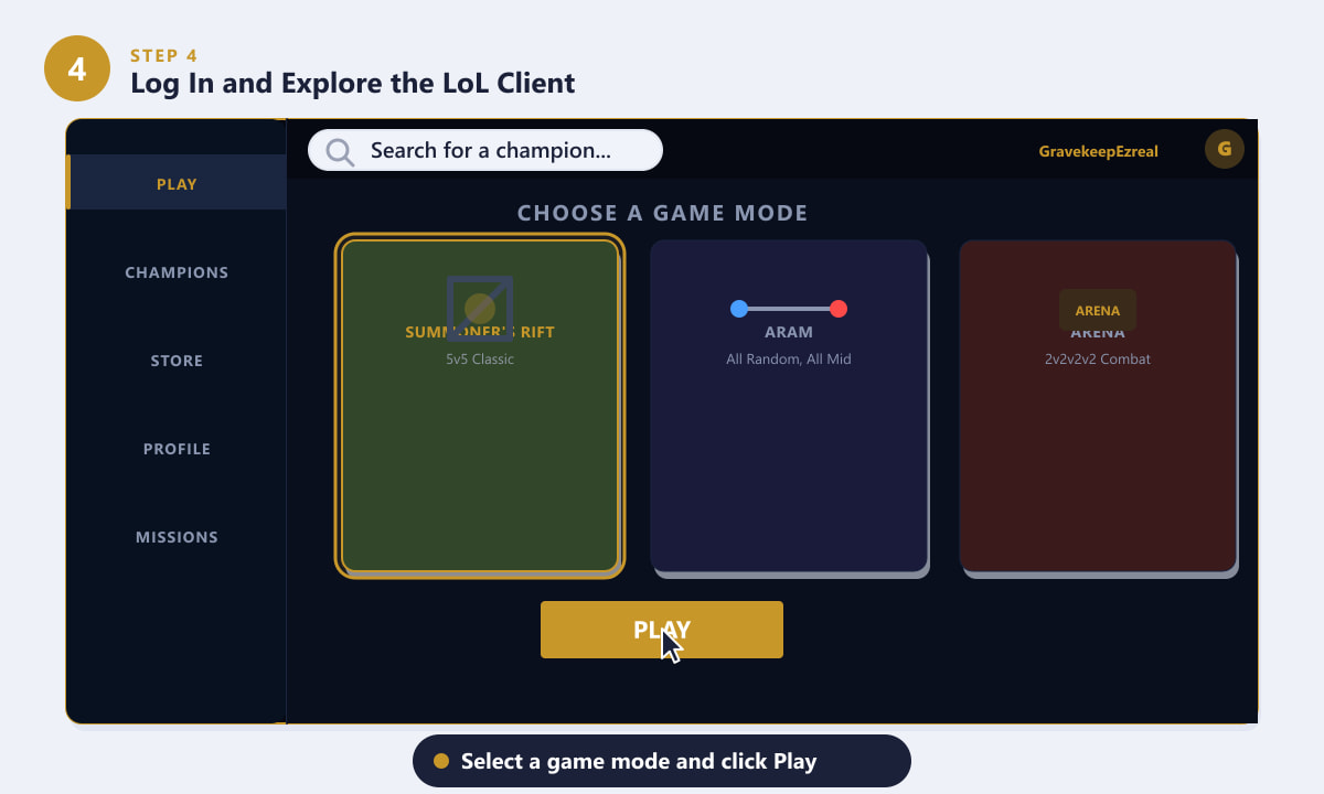 Inloggen op de League of Legends-client en een spelmodus selecteren om online te spelen.