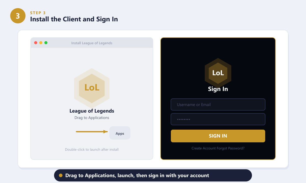 Instale o League of Legends no Mac arrastando o jogo para a pasta Aplicativos e fazendo login.