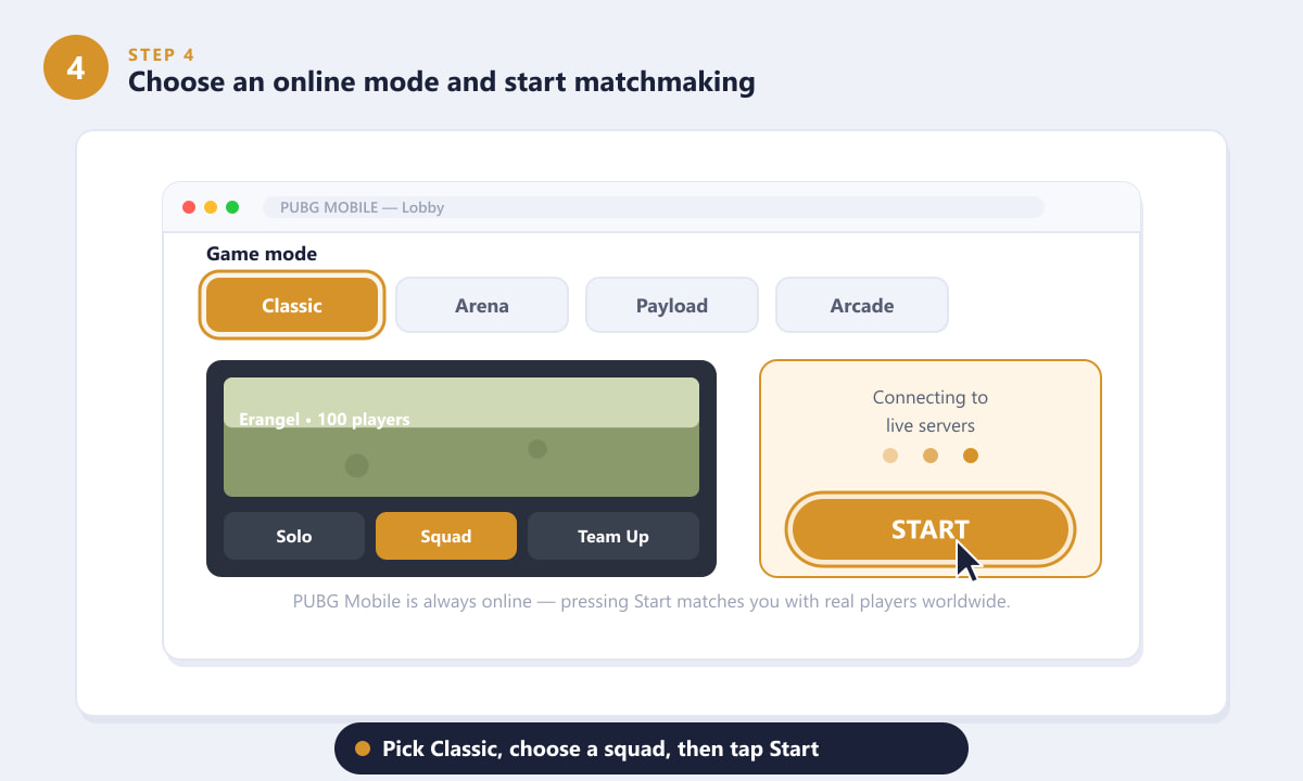 Vor dem Matchmaking in der PUBG Mobile-Lobby den klassischen Online-Modus und das klassische Team auswählen