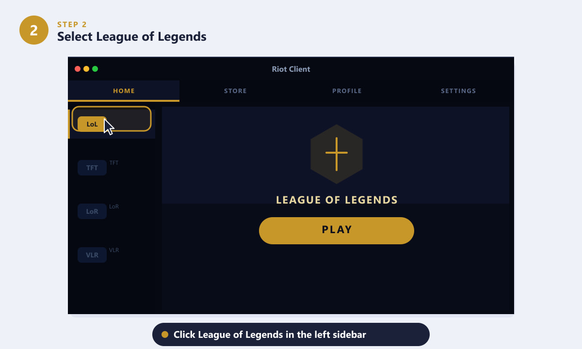 Selecting League of Legends in the Riot Client left sidebar