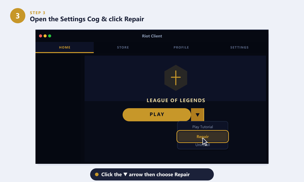 Clicking the dropdown arrow next to the Play button and selecting Repair in the Riot Client