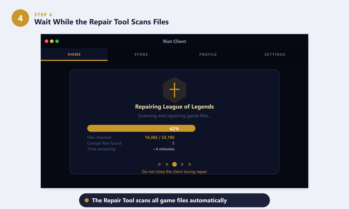 The Riot Client Repair Tool scanning League of Legends game files with a progress bar