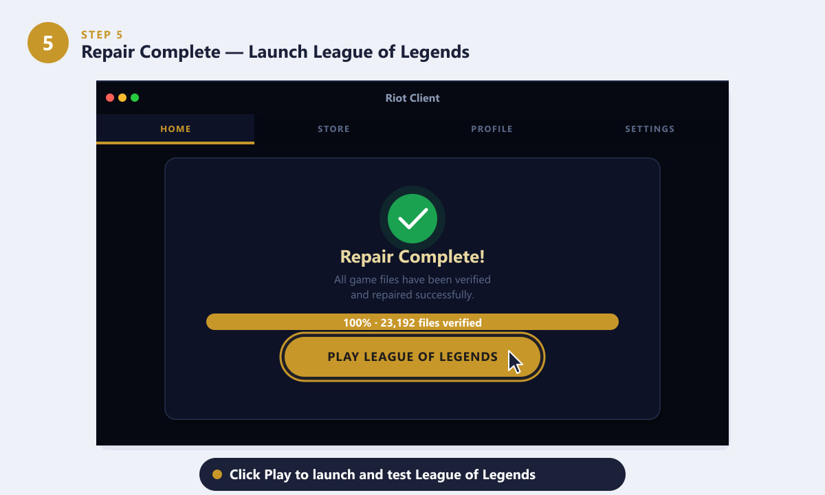 Repair Complete screen in the Riot Client with Play League of Legends button highlighted