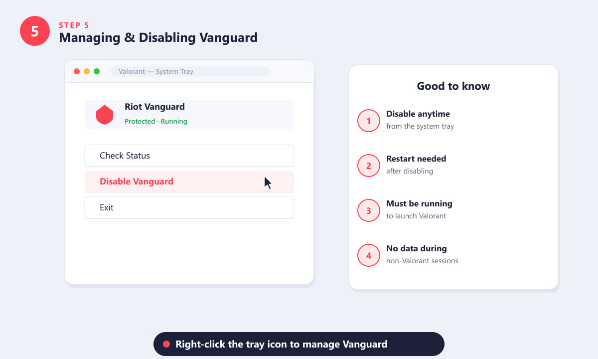 System tray context menu showing how to disable Riot Vanguard and key management facts