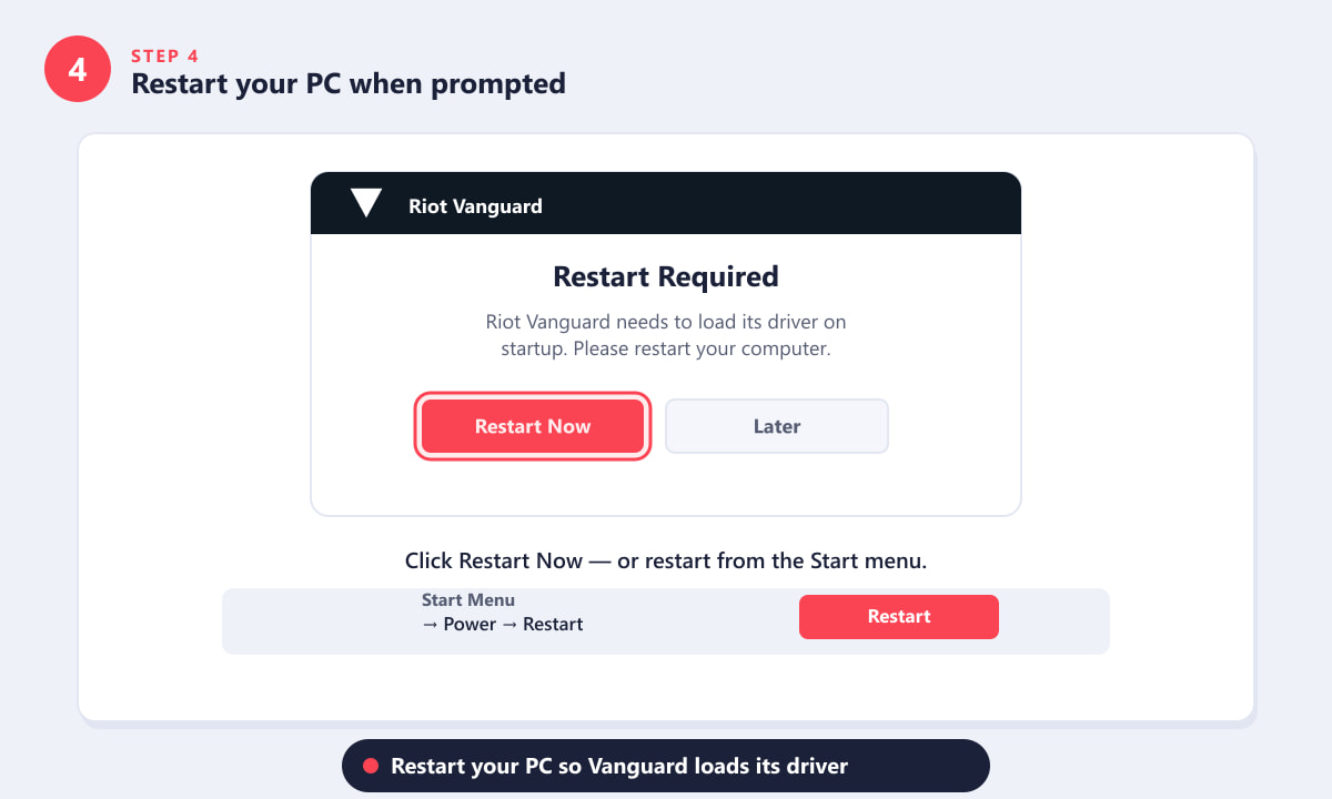 Riot Vanguard restart required dialog after installation, showing Restart Now button